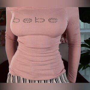 Bebe Pink Rhinestone Logo Ribbed Knit Top